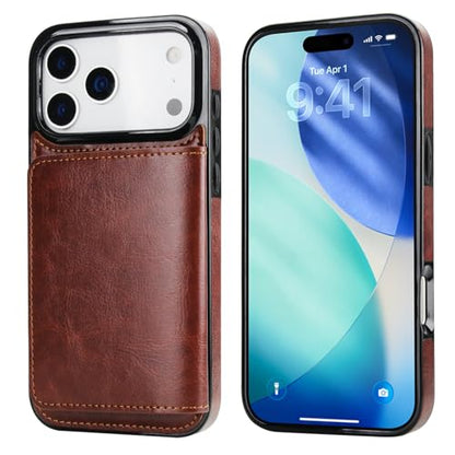 KIHUWEY Compatible with iPhone 17 Pro Max Wallet Case Credit Card Holder, Premium Leather Kickstand Flip Hidden Magnetic Clasp Durable Shockproof Protective Cover for 6.9 inch (Brown) - color: Brown
