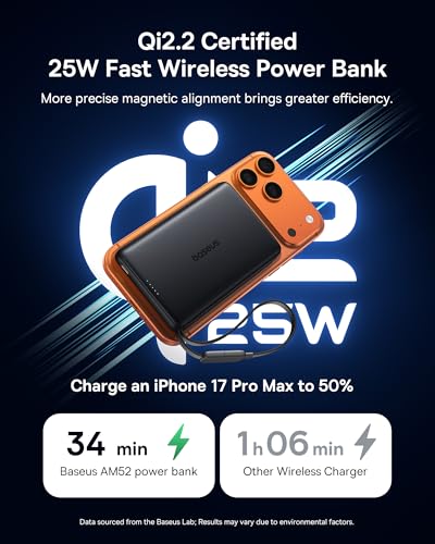 Baseus Picogo AM52 MagSafe Power Bank, Qi2.2 25W 10,000mAh Magnetic Portable Charger, 0.6" Slim Built-in 45W USB-C Cable, Alloy Fast Charging Wireless Battery Pack for iPhone 17/16/15/14/13/12 Only - color: Deep Black