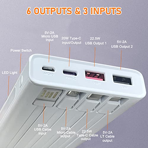 Portable Charger with Built in Cables,Mandarooker 10000mAh Power Bank with LED Lamp Fast Charging USB C External Battery Pack Phone Charger with LED Display for iPhone, Samsung and Cell Phones(White) - color: White