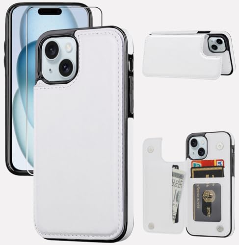 Wallet Case Compatible with iPhone 15,Slim Protective case with Card Holder,Premium PU Leather Kickstand Card Slots Case with 1 Screen Protective Glass for iPhone 15 (6.1")-White - color: White
