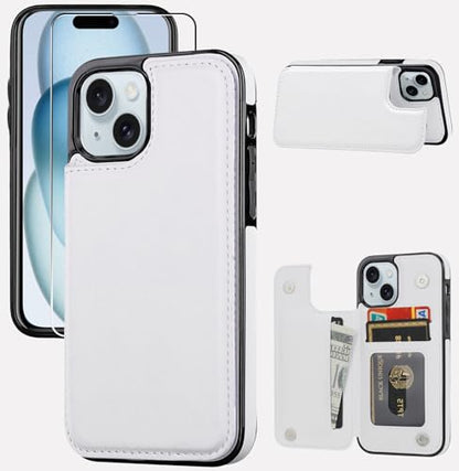 Wallet Case Compatible with iPhone 15,Slim Protective case with Card Holder,Premium PU Leather Kickstand Card Slots Case with 1 Screen Protective Glass for iPhone 15 (6.1")-White - color: White