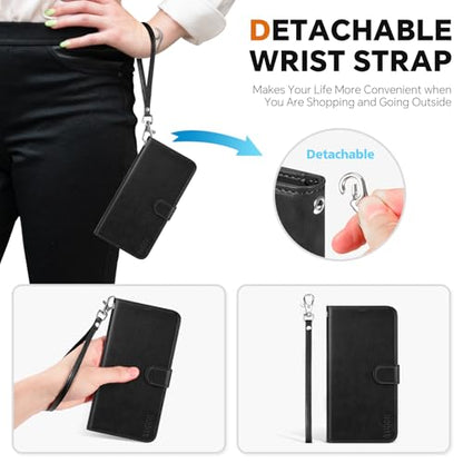 TUCCH 2-in-1 Detachable Wallet Case for iPhone 17e/16e (6.1"), Black | 4 Card Holders, RFID Blocking, Wireless Charging, Kickstand, Wrist Strap, Shockproof TPU, PU Leather, Magnetic, Folio Cover - color: Black