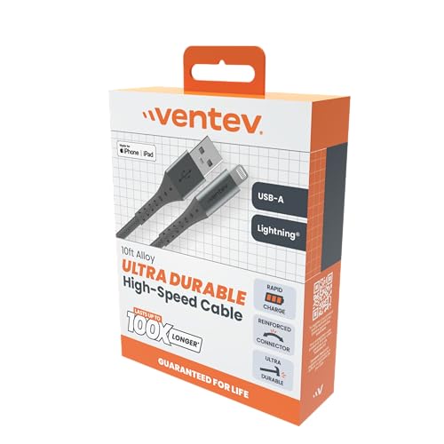Ventev ChargeSync Apple Lightning Cable | Rapid Charging to 2.4A/12W at Max Rates, Mfi Certified, Brushed Aluminum Housing, No-Fray Durability, Designed for Cases | 10Ft Grey - size: 10ft