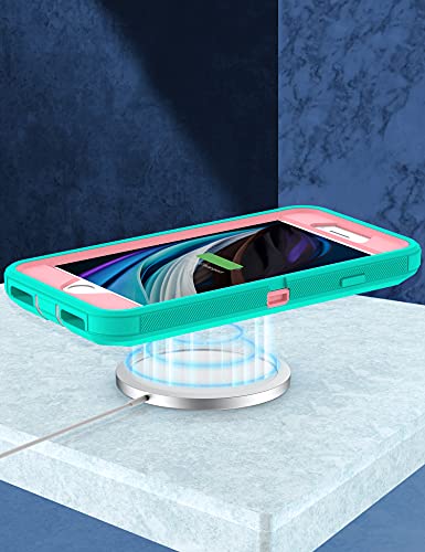 MXX Case Designed for iPhone SE Case 2020 /SE 2022 Heavy Duty Protective with Screen Protector [3 Layers] Rugged Rubber Protection Cover & Rotating 360 Degree Belt Clip SE 3rd/2nd Gen(Teal/Light Pink) - color: Teal/Light Pink