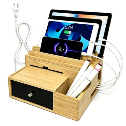 Bamboo Charging Station with 5-Port USB Charger & 5 Cables