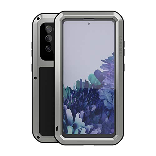 LOVE MEI Military Rugged Case for Samsung Galaxy S20 FE 5G, with Glass Screen Protector, Shockproof Dustproof Scratch Proof Hybrid Alloy and Silicone Gel Heavy Duty Full Body Cover Silver - color: Silver