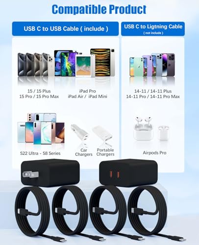 2 Pack 40W Fast Charger for iPhone 17 16 15 Pro Max Charger Fast Charging - color: Black, size: 2pack-(6+6+6+6)ft