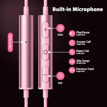 Jelanry Magnetic USB-C Wired Earbuds HiFi Stereo Headphones with Mic, Pink - color: Pink
