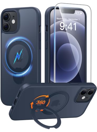 FNTCASE for iPhone 12/12 Pro Case with 360 Spin Magnetic Stand Deep Blue | Compatible with Magsafe,Screen Protector,Translucent Matte Military Grade Shockproof Phone Cover - color: Deep Blue, size: For Iphone 12/12 Pro 6.1 Inch