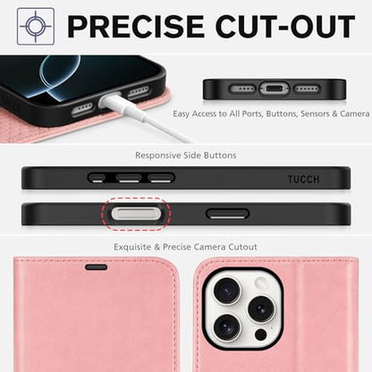 TUCCH Case Wallet for iPhone 16 Pro Max, RFID Blocking Folio, Rose Gold | 4 Card Holders, Kickstand, PU Leather, Magnetic Closure, Shockproof TPU Shell, Protective Flip Cover - color: Rose Gold