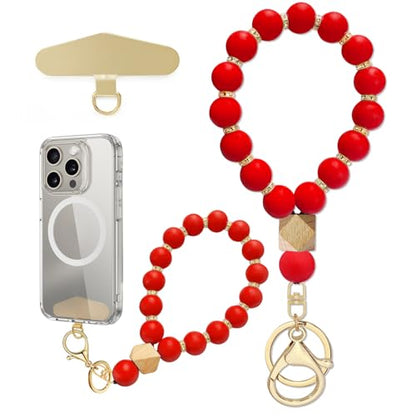 Silicone Beaded Phone Wrist Strap, Phone Bracelet Strap with Tether Tab Elastic Hands Free Wristlet Strap - color: Red