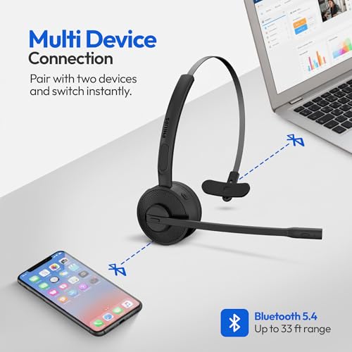 PHILIPS Wireless Headset with Mic for Work, Mono Bluetooth Trucker Headset with AI Noise Cancelling Microphone & Mute Button, All Day Extended Talk Time, Headphones for Office Call Center Computer PC