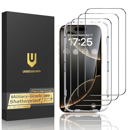 UNBREAKcable for iPhone 16 Pro Screen Protector, 3-Pack Full Coverage Tempered Glass [Military Grade Shatterproof] [9H Hardness] [Easy Installation Frame] [Bubble Free] for iPhone 16 Pro 6.3" - size: iPhone 16 Pro