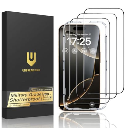 UNBREAKcable for iPhone 16 Pro Screen Protector, 3-Pack Full Coverage Tempered Glass [Military Grade Shatterproof] [9H Hardness] [Easy Installation Frame] [Bubble Free] for iPhone 16 Pro 6.3" - size: iPhone 16 Pro