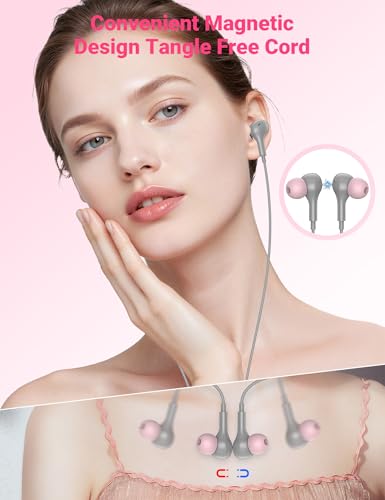 USB C Earbuds with Microphone Cute in Ear Wired Headphone - color: Grey Pink