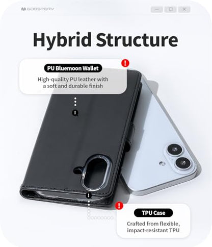 GOOSPERY Bluemoon Folio Wallet Case for iPhone 17, Flip Cover with Card Holder, Kickstand, Magnetic Closure, Shockproof TPU + PU Leather - Black - color: Black, size: iPhone 17