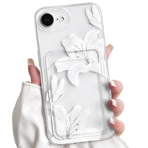 NITITOP Compatible with iPhone 16e Case with Card Holder Clear Cute Floral Lily Flowers Butterfly for Women Girls Soft TPU Shockproof Wallet Case Protective Phone Cover - White - color: White, size: iPhone 16e