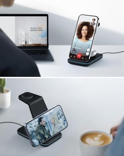 Wireless Charger for iPhone Charging Station: 3 in 1 Phone Charger Stand for iPhone 17/16/15/14/13/12/11/SE/X Pro Max Plus - Apple Watch 11/10/9/Ultra 2/8/SE/7/6/5 - AirPods 4/Pro 2/3 - color: Black