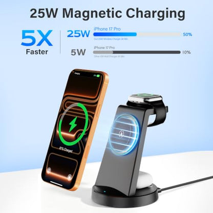 25W Magnetic Fast 3 in 1 Charging Station Wireless Charger Stand - color: Black*1