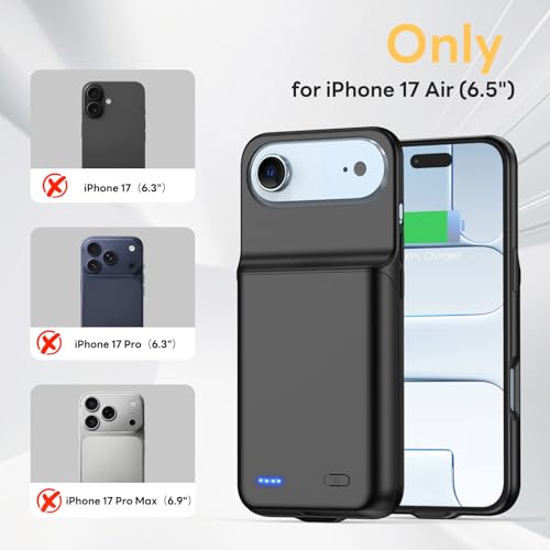 Battery Case for iPhone 17 AIR, Ultra-Slim 7000mAh Portable Extended Charging Charger Case Rechargeable Battery Pack with Tempered Glass Screen Protector for iPhone 17 AIR (6.5 inch)-Black - size: for iPhone 17 AIR