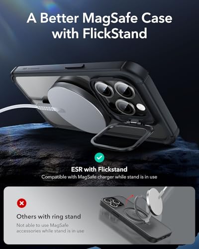 ESR for iPhone 15 Pro Case with Stand, Compatible with MagSafe, Full-Body Military-Grade Drop Proof Case with Built-in 9H+ Tempered Glass Screen Protector, Armor Series, Clear Black - color: Clear Black + Stand