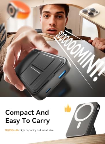 Magnetic Portable Charger, 10000mAh Power Bank with Leather Foldable Stand | Fast Charging, USB-C Cable, LED Display, Wireless Battery Pack for iPhone 17/16/15 All Series & AirPods, Deep Black