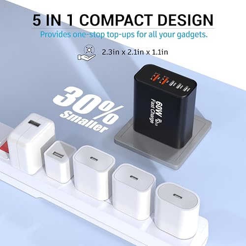 TZBAY 2-Pack USB C Charger Block, 60W 5 Ports Wall Charger Fast Charging - color: Black 2Pack