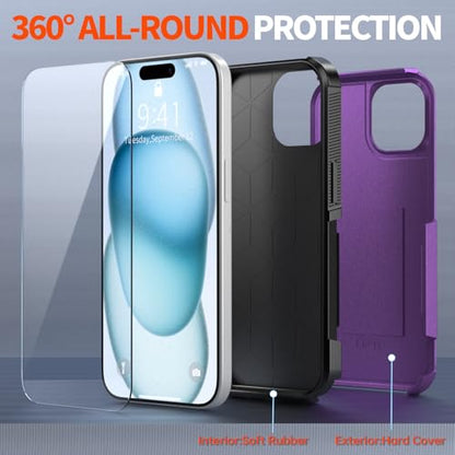 AEDILYS® for Apple Recommend Shockproof iPhone 15 Case,[15 FT Military Grade Drop Protection],with 2X [Kevlar® 9H Glass Screen Protector] (Purple) - color: Purple