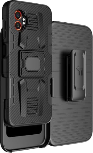 Nakedcellphone Rugged Combo for Galaxy XCover 7 Pro Case - Carbon Fiber | Hybrid Cover + Belt Clip Holster, Rotating Phone Holder, Ring Grip, with Kickstand, For XCover7 Pro (2025, SM-G766) - color: Carbon Fiber