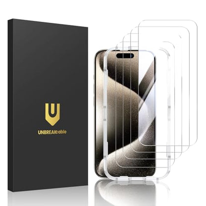 UNBREAKcable 4-Pack iPhone 15 Pro Screen Protector, 9H Hardness | 9H tempered glass | 99.99% HD clarity | Double Shatterproof|alignment frame easy install | case-friendly - size: iPhone 15 Pro
