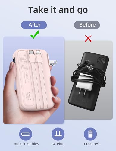 RORRY Portable Charger 3 in 1 with Wall Plug 10000mAh Power Bank for iPhone - color: Pink