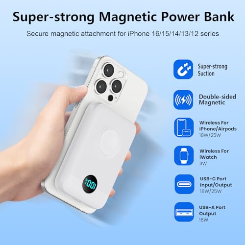 Magnetic Portable Charger for iPhone and Apple Watch, 10800mAh 25W PD Fast Charging USB C Power Bank, 4 Outputs Dual-Side Magnet Travel Essentials Battery Pack for iPhone 18/17/16/15/14/13/12, White - color: White