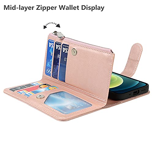 iCoverCase for iPhone 12 Mini Wallet Case with Card Holder and Wrist Strap, PU Leather Kickstand Card Slots Zipper Pocket Magnetic [Detachable] Flip Cover Case 5.4 Inch (Rose Gold) - color: Rose Gold