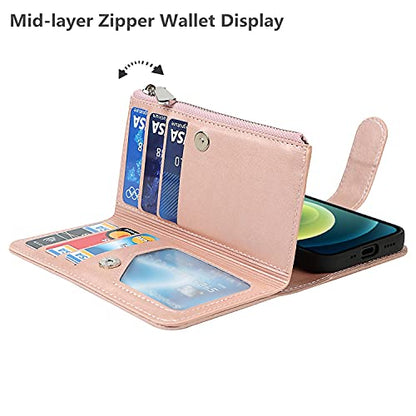 iCoverCase for iPhone 12 Mini Wallet Case with Card Holder and Wrist Strap, PU Leather Kickstand Card Slots Zipper Pocket Magnetic [Detachable] Flip Cover Case 5.4 Inch (Rose Gold) - color: Rose Gold
