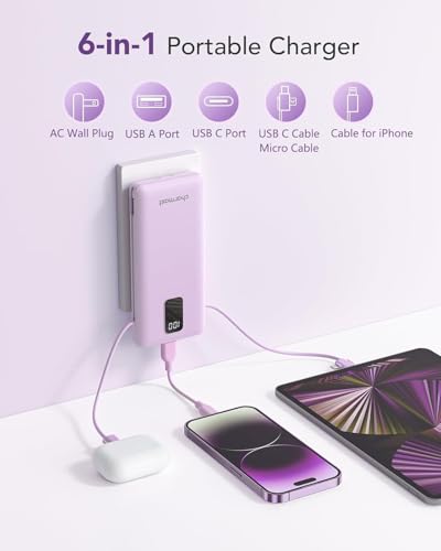 charmast Portable Charger Power Bank Built in Cables,10000mAh Battery Pack | with AC Wall Plug,LED Display & 5 Outputs,Travel Camping Essentials Slim External Phone Charger for iPhone,Samsung,Android - color: Purple