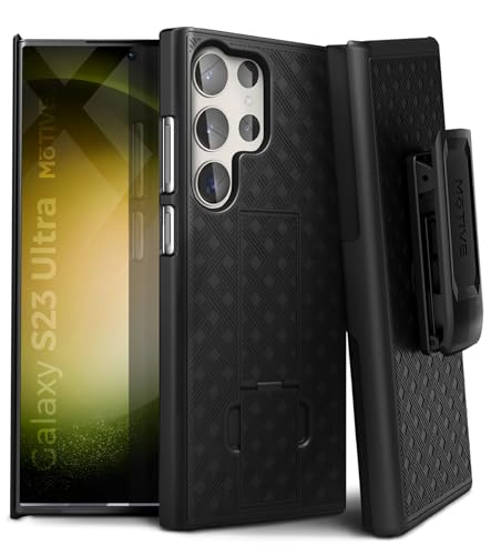 MOTIVE for Samsung Galaxy s23 Ultra Case with Belt Clip, Kickstand | 6.8" | Ranger v1 Series, Black, 360° holster, open-top/bottom port access, grip, slim - size: S23 Ultra
