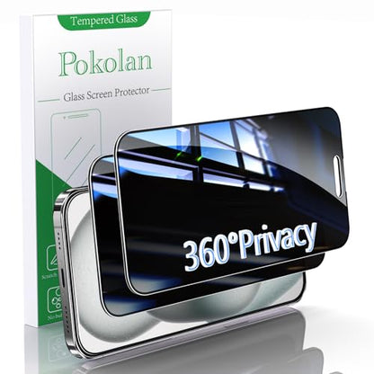 Pokolan [2 Pack] Privacy Screen Protector for iPhone 15,360 Degree 4-way Anti-Spy Tempered Glass Film Case Friendly, Bubble Free, 9H Full Coverage