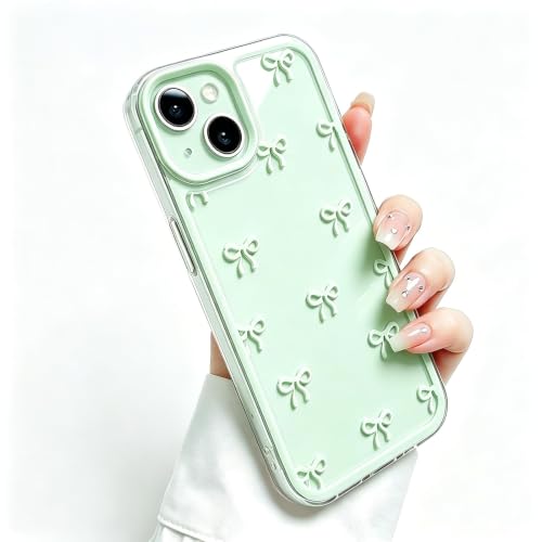 Case for iPhone 14, Clear Green Cute Ribbon Bowknot Pattern, Transparent Phone Case Raised Camera Protection Stylish Slim Soft TPU Protective Cover for Women - color: A5-Green, size: iPhone 14