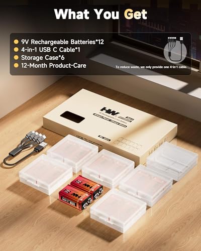 HW 9V Batteries 1400mAh 12 Pack, USB-C Lithium for Wireless Microphones - size: 12-Pack