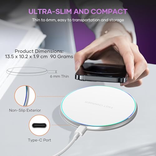 Wireless Charger Compatible with iPhone 17 16 15 14 13 12 11 Pro Max/Mini/Plus/XR/X/8, 15W Max Fast Wireless Charging Pad Mat for Samsung Galaxy S23/S22/S21/S20/S10, Galaxy Buds - color: White 1 Pack