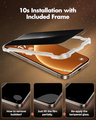 UNBREAKcable Privacy Screen Protector for iPhone 16 Pro, Full Coverage Shatterproof Tempered Glass [True 28°Anti Spy] [9H Hardness] [Easy Installation Frame] 2-Pack Private Screen for iPhone 16 Pro - size: iPhone 16 Pro