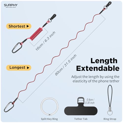 SURPHY Anti Theft Phone Strap, Phone Lanyard, Sturdy Steel Wire Keychain - color: P2- Red & Black