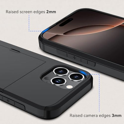Qinmay Compatible with iPhone 16 Pro Case with Card Holder, Dual Layer Shockproof,Heavy Duty Protective Hidden Slot Slim Wallet Phone Cover，Black - color: Black, size: for iPhone 16 Pro