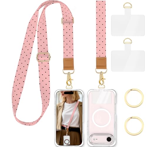 Phone Lanyard Crossbody Strap, Adjustable Neck Strap and Wristlet Strap for Phone Wallet ID Badge with 2 Phone Tabs - color: Pink Black Dots