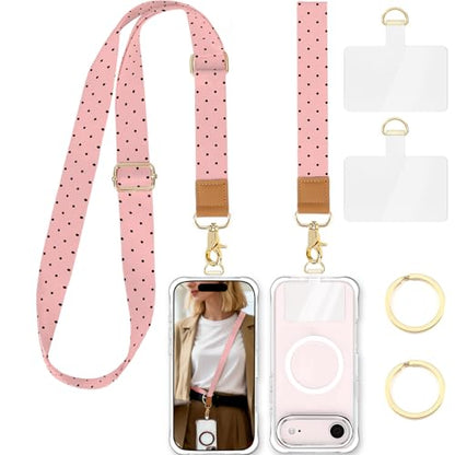 Phone Lanyard Crossbody Strap, Adjustable Neck Strap and Wristlet Strap for Phone Wallet ID Badge with 2 Phone Tabs - color: Pink Black Dots