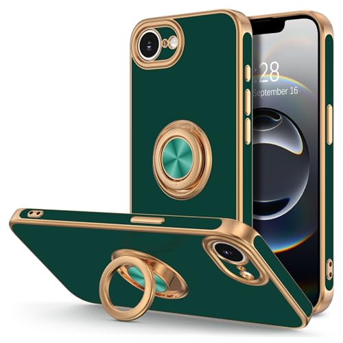 Hython for iPhone 16e Case with Ring Stand, 360° Rotatable Ring Holder Magnetic Kickstand, Plating Rose Gold Edge Soft Cover Protective Phone Case for iPhone 16e 6.1", Midnight Green - color: Midnight Green, size: Iphone 16e - 6.1 Inch