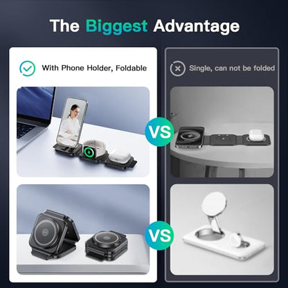 Travel Essentials for Apple Watch Charger,3 in 1 Charging Station for Apple Devices,Foldable Wireless Charging Station for iPhone 17/16/15/14/13/12, Apple Watch & AirPods with Magsafe Charger Stand - color: Matte Black