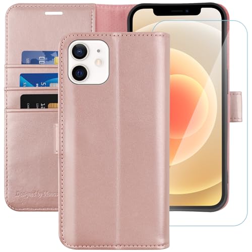 MONASAY Wallet Case Compatible for iPhone 12 mini 5G 5.4-inch,[Glass Screen Protector Included] [RFID Blocking] Flip Folio Leather Cell Phone Cover with Credit Card Holder, Rosegold - color: Rosegold