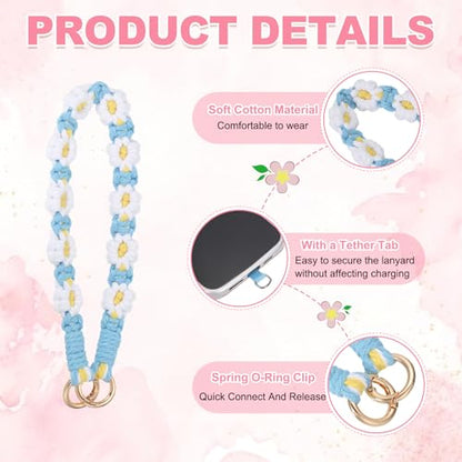 uxcell Phone Wrist Strap, Braided Flower Cell Phone Lanyard Charm, Wristlet Strap with Tether Tab - color: Yellow/White/Blue