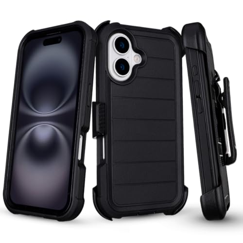 for Defender Phone Case iPhone 16 Case with Clip Holster Kickstand Black | for iPhone 16 Case Heavy Duty iPhone16 Phone Case Rugged 2 Layers of Sturdy,Anti-Drop for Phone Case iPhone 16Case Protective - color: Black